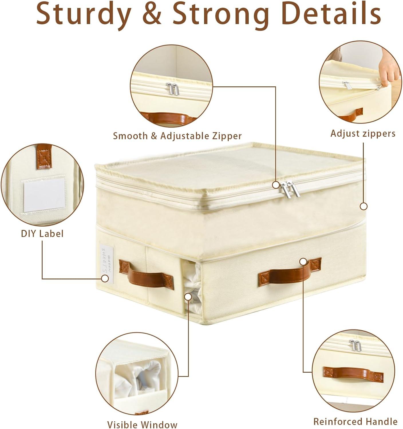 imageBed Sheet Organizers and Storage 8 Pack Linen Closet Organizers with Adjustable Zipper Foldable Bedding Storage for Queen or King Size Bedsheets Duvet Covers and PillowsPlus Zipper White