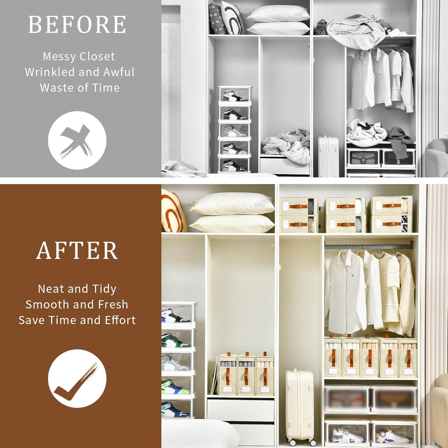 imageBed Sheet Organizers and Storage 8 Pack Linen Closet Organizers with Adjustable Zipper Foldable Bedding Storage for Queen or King Size Bedsheets Duvet Covers and PillowsWhite