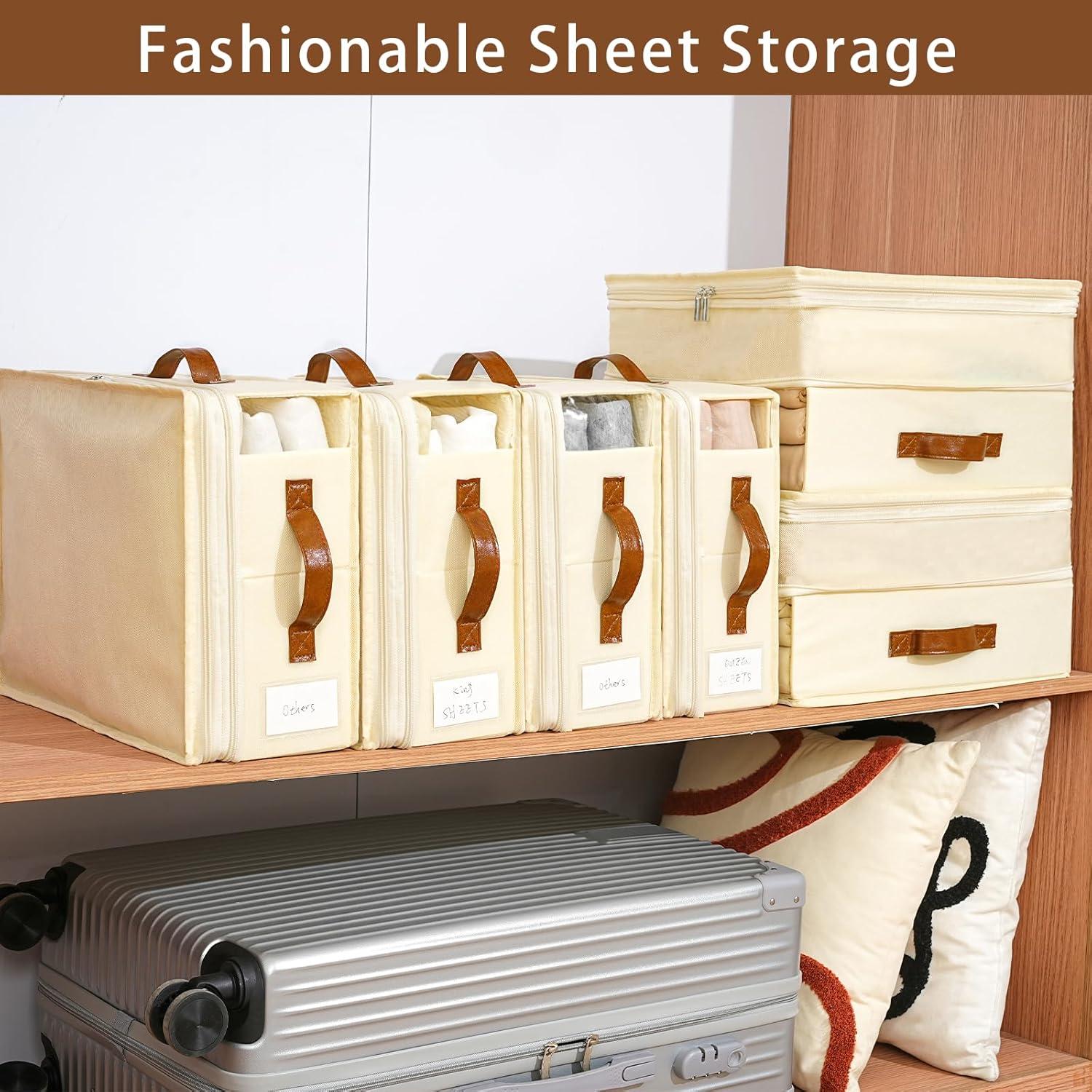 imageBed Sheet Organizers and Storage 8 Pack Linen Closet Organizers with Adjustable Zipper Foldable Bedding Storage for Queen or King Size Bedsheets Duvet Covers and PillowsPlus Zipper White
