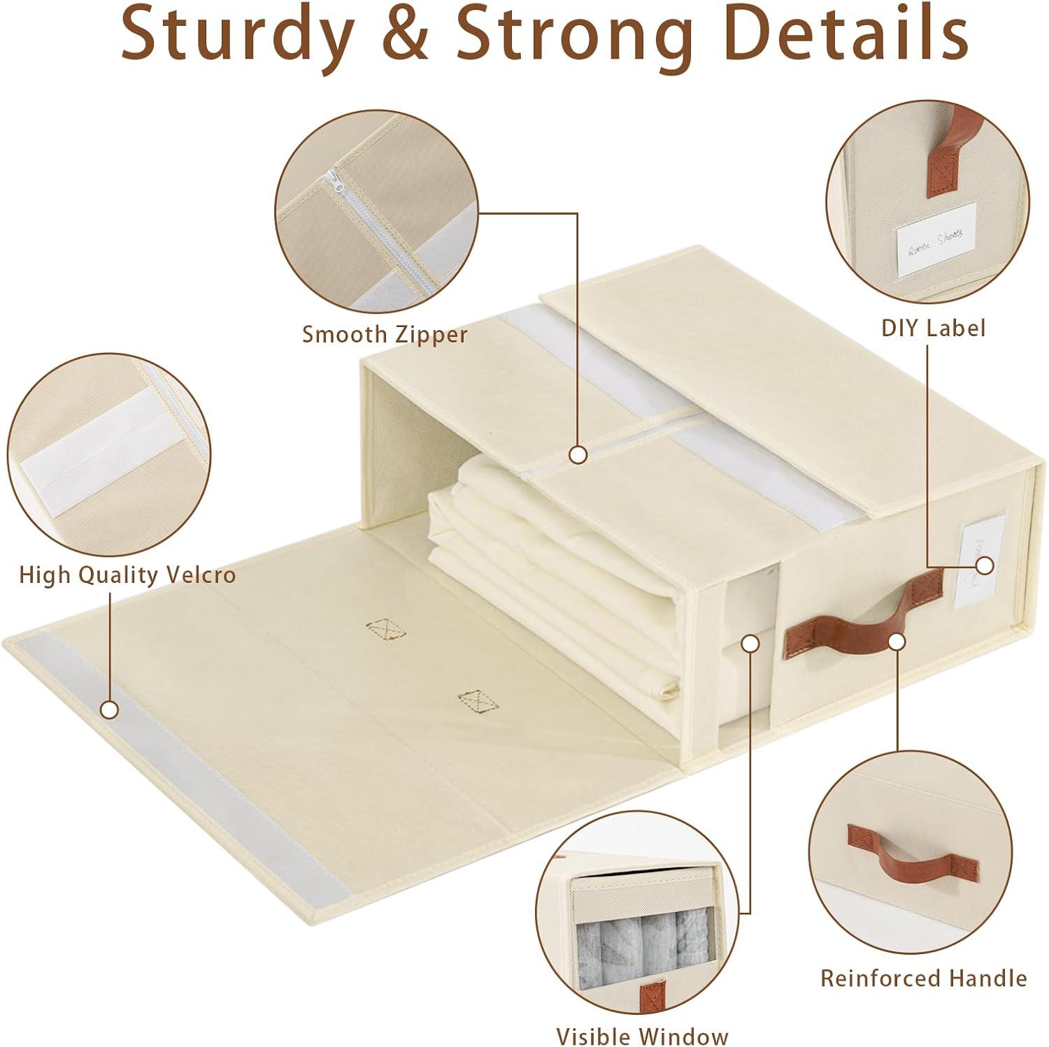 imageBed Sheet Organizers and Storage 8 Pack Linen Closet Organizers with Adjustable Zipper Foldable Bedding Storage for Queen or King Size Bedsheets Duvet Covers and PillowsWhite