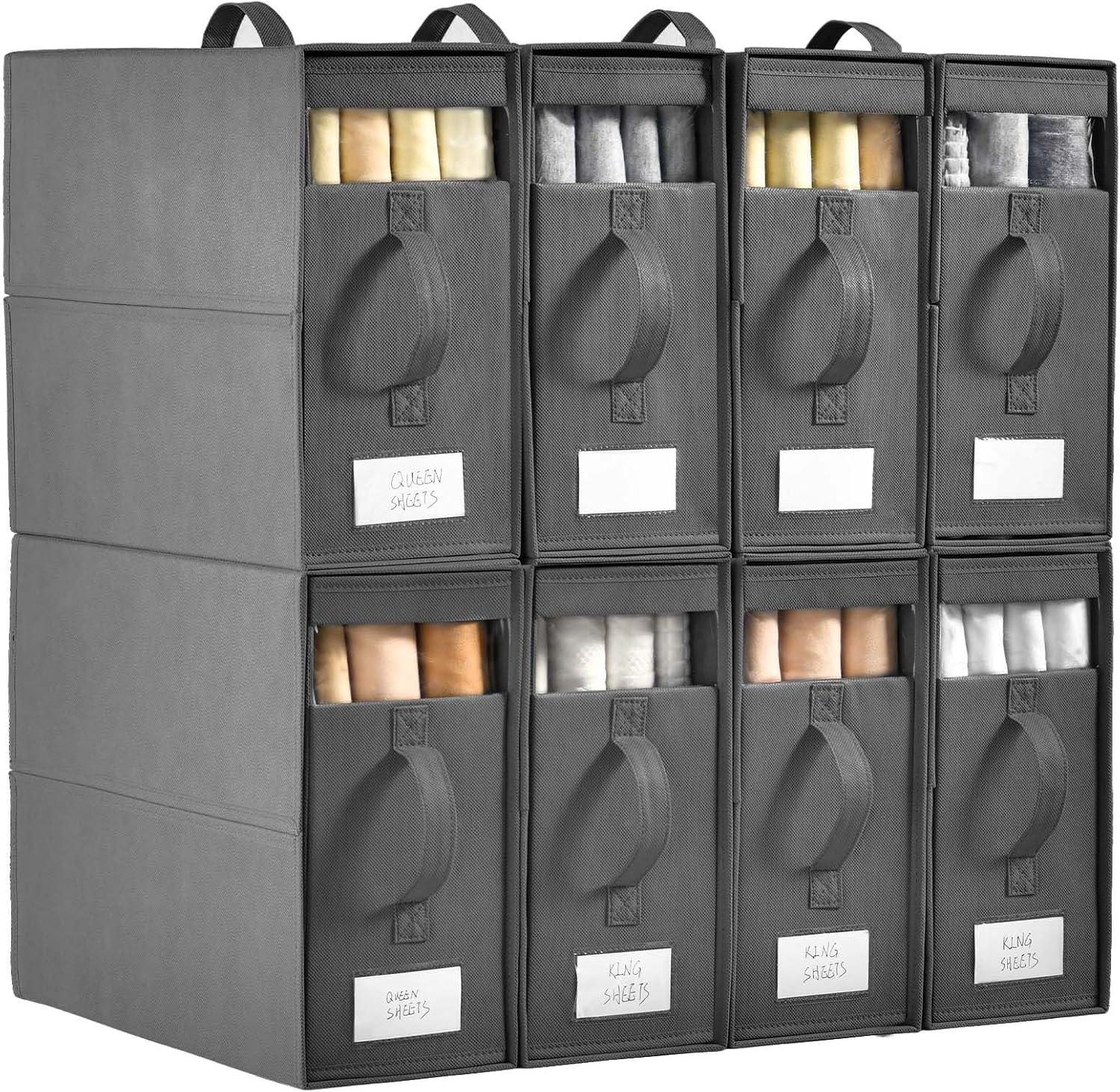 imageBed Sheet Organizers and Storage 8 Pack Linen Closet Organizers with Adjustable Zipper Foldable Bedding Storage for Queen or King Size Bedsheets Duvet Covers and PillowsGrey