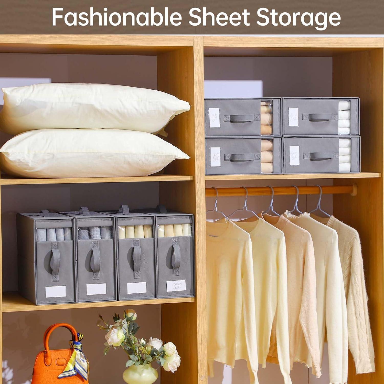 imageBed Sheet Organizers and Storage 8 Pack Linen Closet Organizers with Adjustable Zipper Foldable Bedding Storage for Queen or King Size Bedsheets Duvet Covers and PillowsGrey