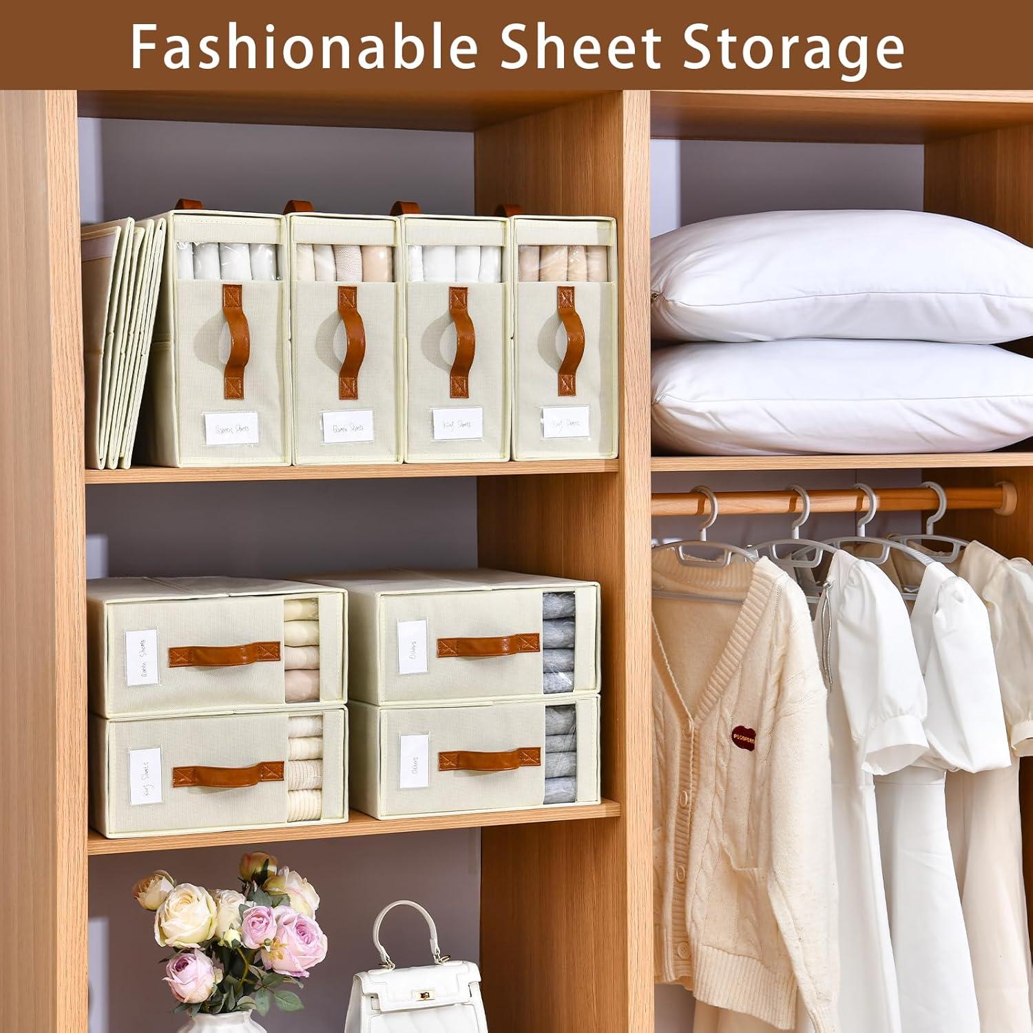 imageBed Sheet Organizers and Storage 8 Pack Linen Closet Organizers with Adjustable Zipper Foldable Bedding Storage for Queen or King Size Bedsheets Duvet Covers and PillowsWhite