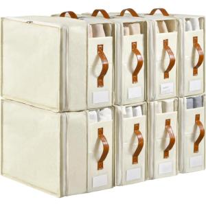 imageBed Sheet Organizers and Storage 8 Pack Linen Closet Organizers with Adjustable Zipper Foldable Bedding Storage for Queen or King Size Bedsheets Duvet Covers and PillowsPlus Zipper White
